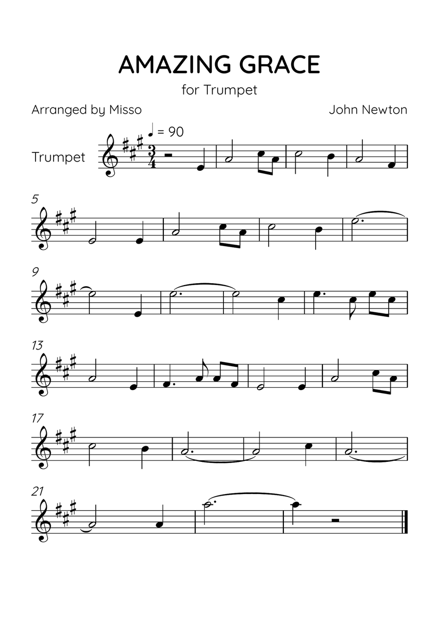 Amazing Grace - Trumpet in A Major - Easy Level A Trumpet scores gallery preview page 1