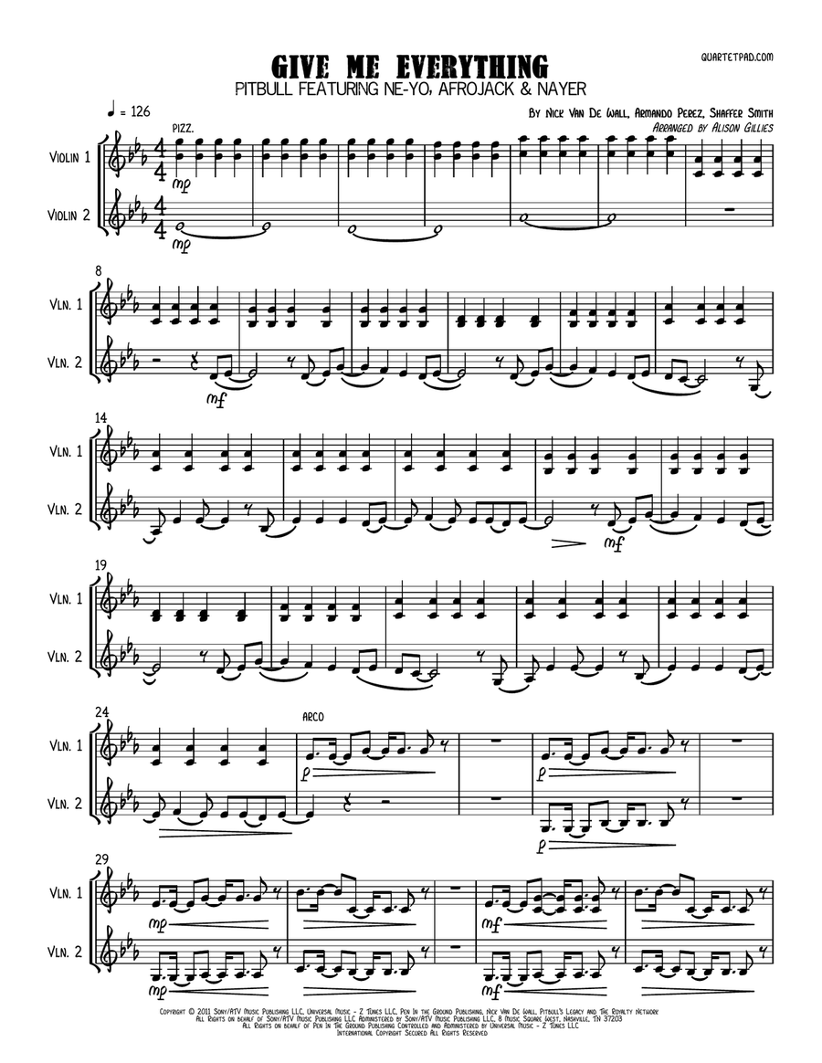 Give Me Everything (Tonight) String Duet scores gallery preview page 1