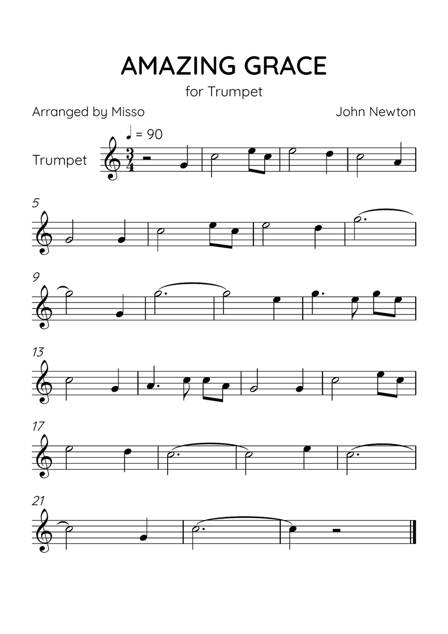 Amazing Grace - Trumpet in C Major - Easy Level C Trumpet scores gallery preview page 1