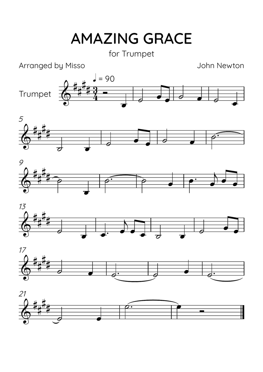 Amazing Grace - Trumpet in E Major - Easy Level C Trumpet scores gallery preview page 1