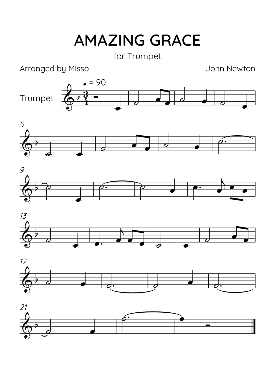 Amazing Grace - Trumpet in F Major - Easy Level C Trumpet scores gallery preview page 1