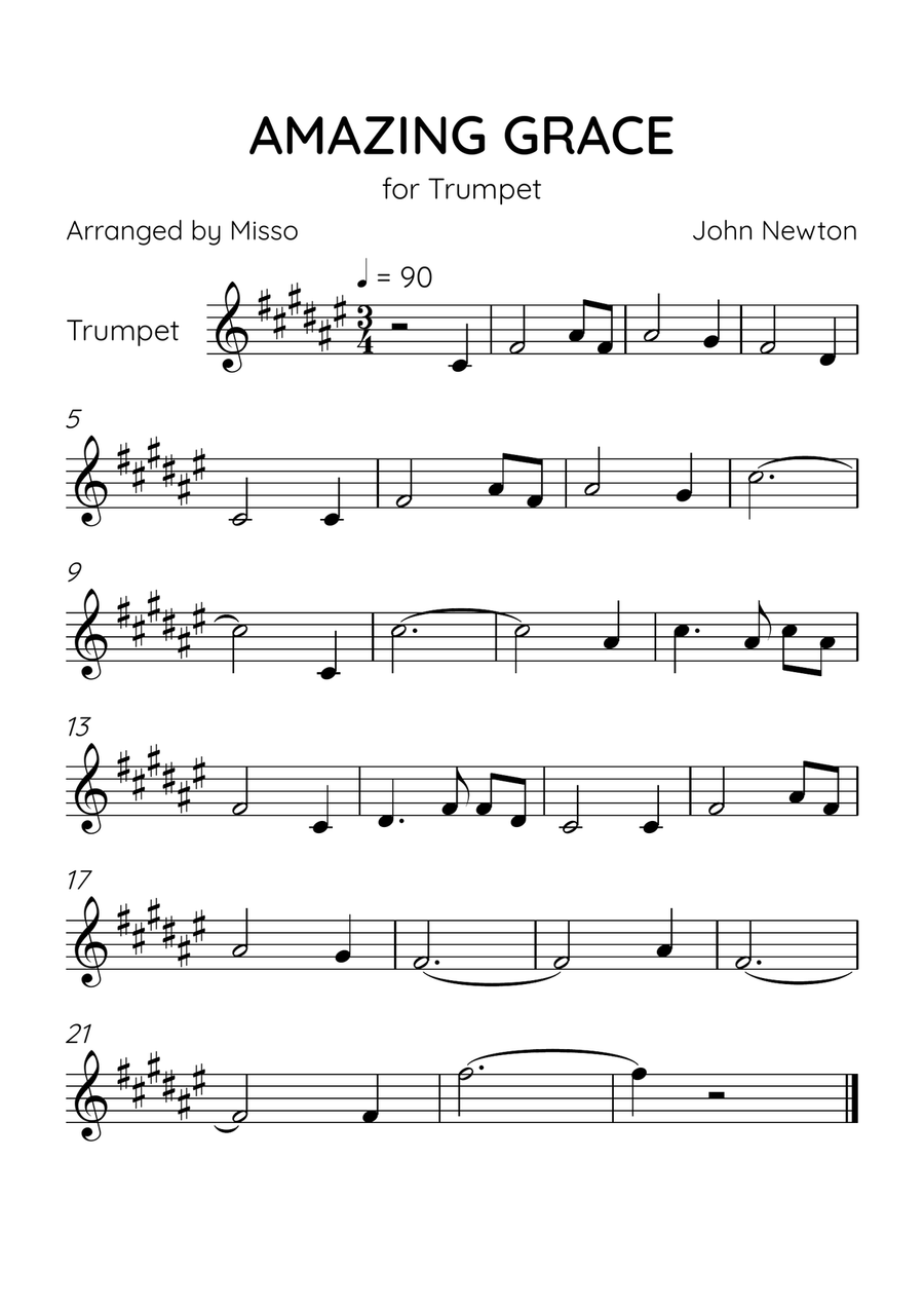 Amazing Grace - Trumpet in F# Major - Easy Level C Trumpet scores gallery preview page 1