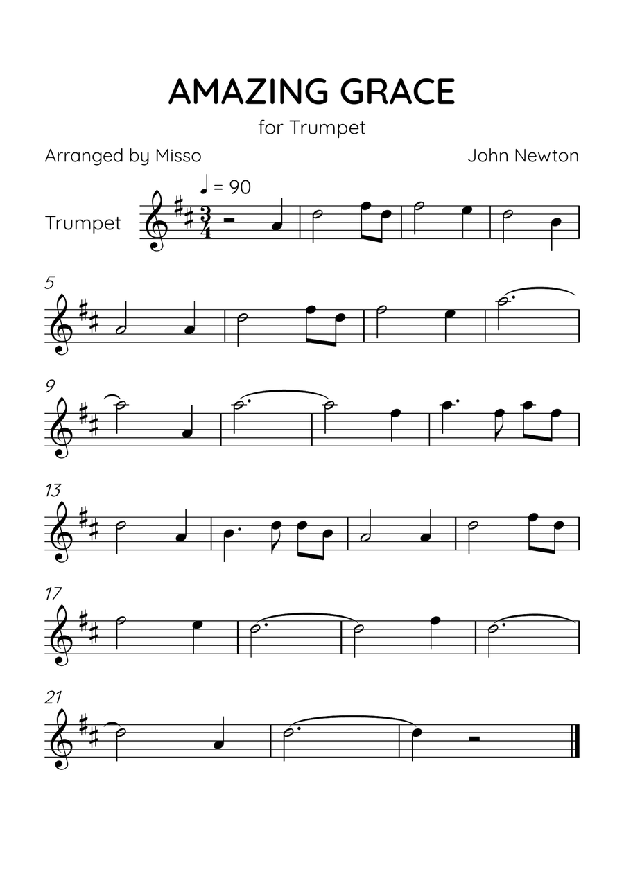 Amazing Grace - Trumpet in D Major - Easy Level C Trumpet scores gallery preview page 1