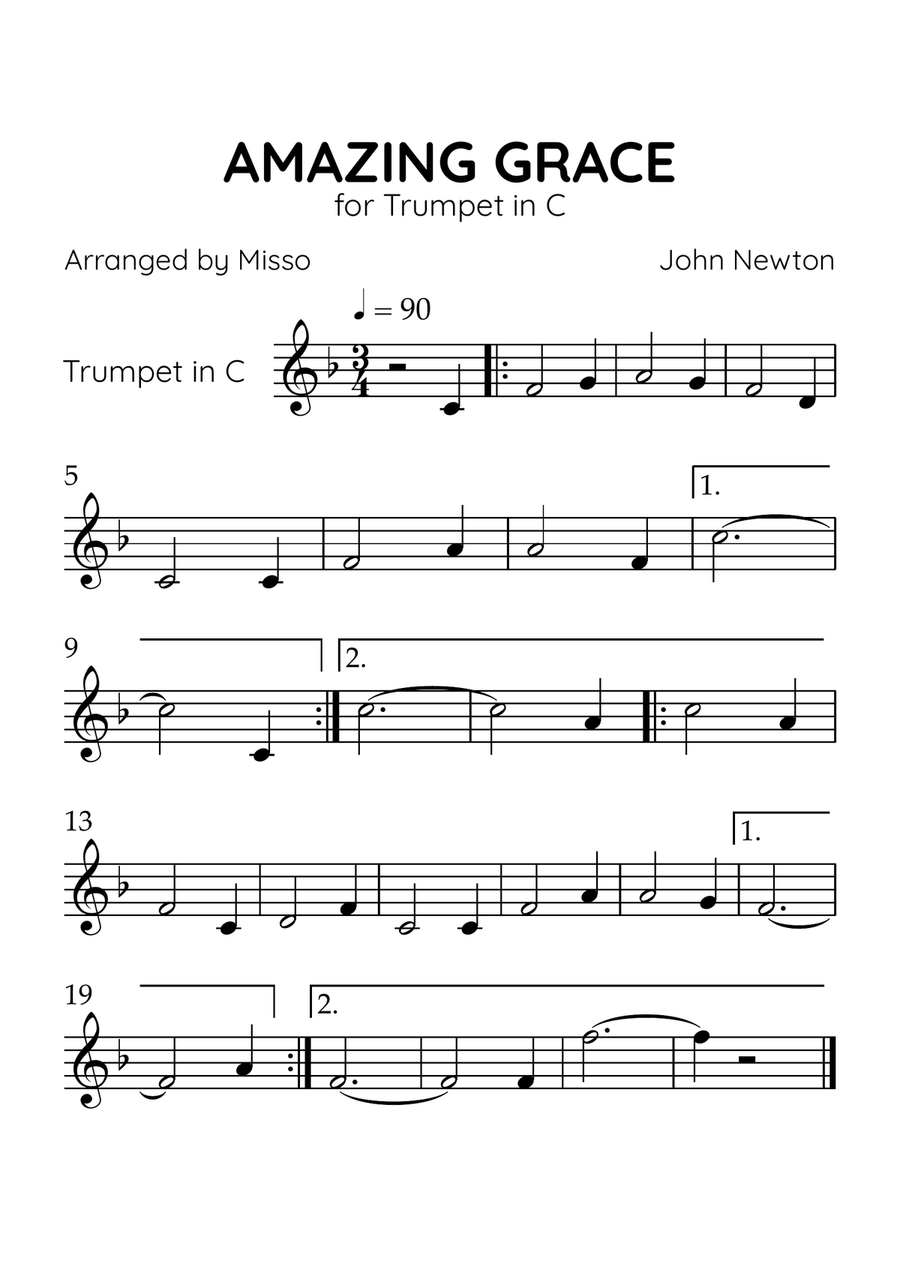 Amazing Grace - Trumpet in F Major - Beginner Level C Trumpet scores gallery preview page 1
