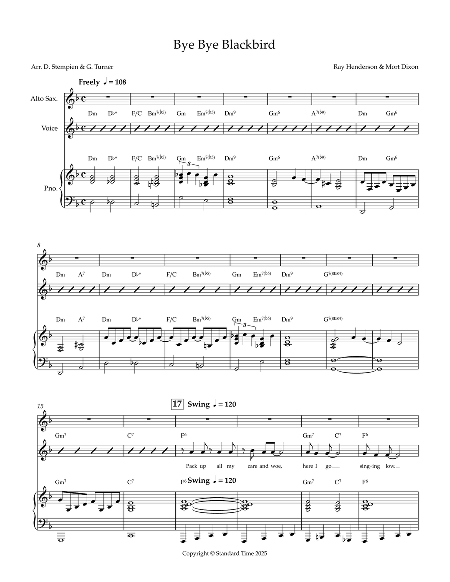 Bye Bye Blackbird (with Alto Sax & Piano, for 2 or 3 players) Small Ensemble scores gallery preview page 1