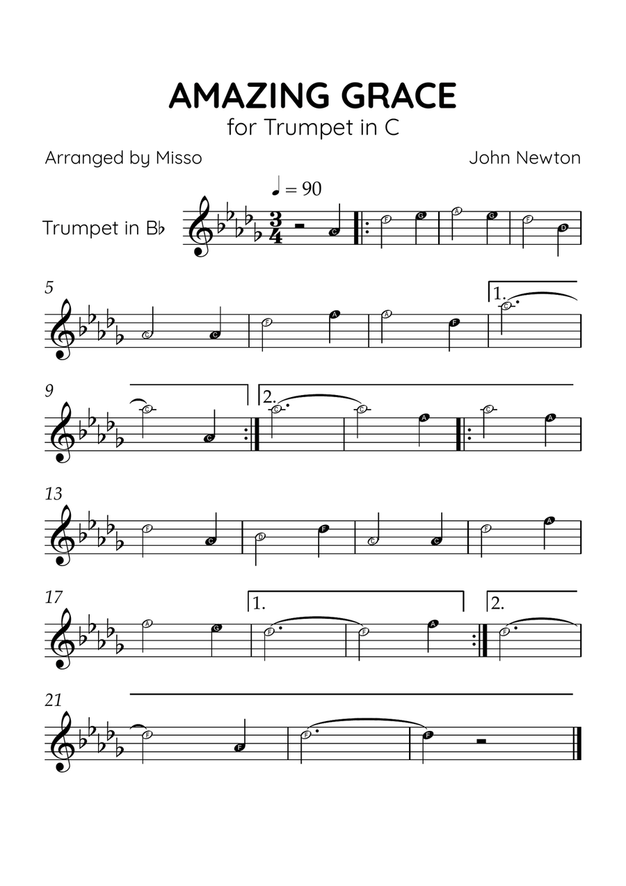 Amazing Grace - Trumpet in Db Major - Beginner Level Letter Names C Trumpet scores gallery preview page 1
