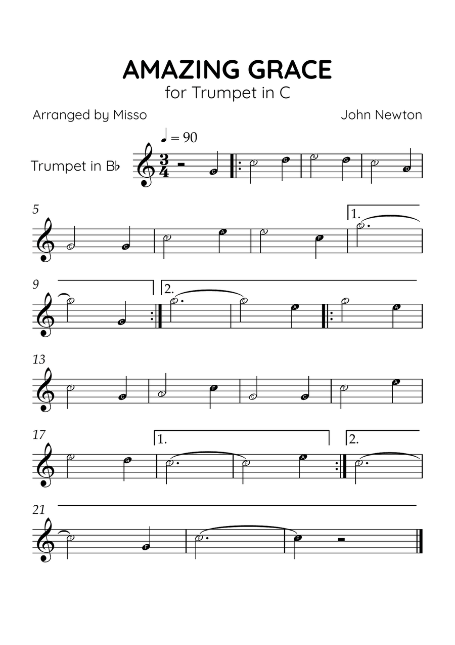 Amazing Grace - Trumpet in C Major - Beginner Level Letter Names C Trumpet scores gallery preview page 1