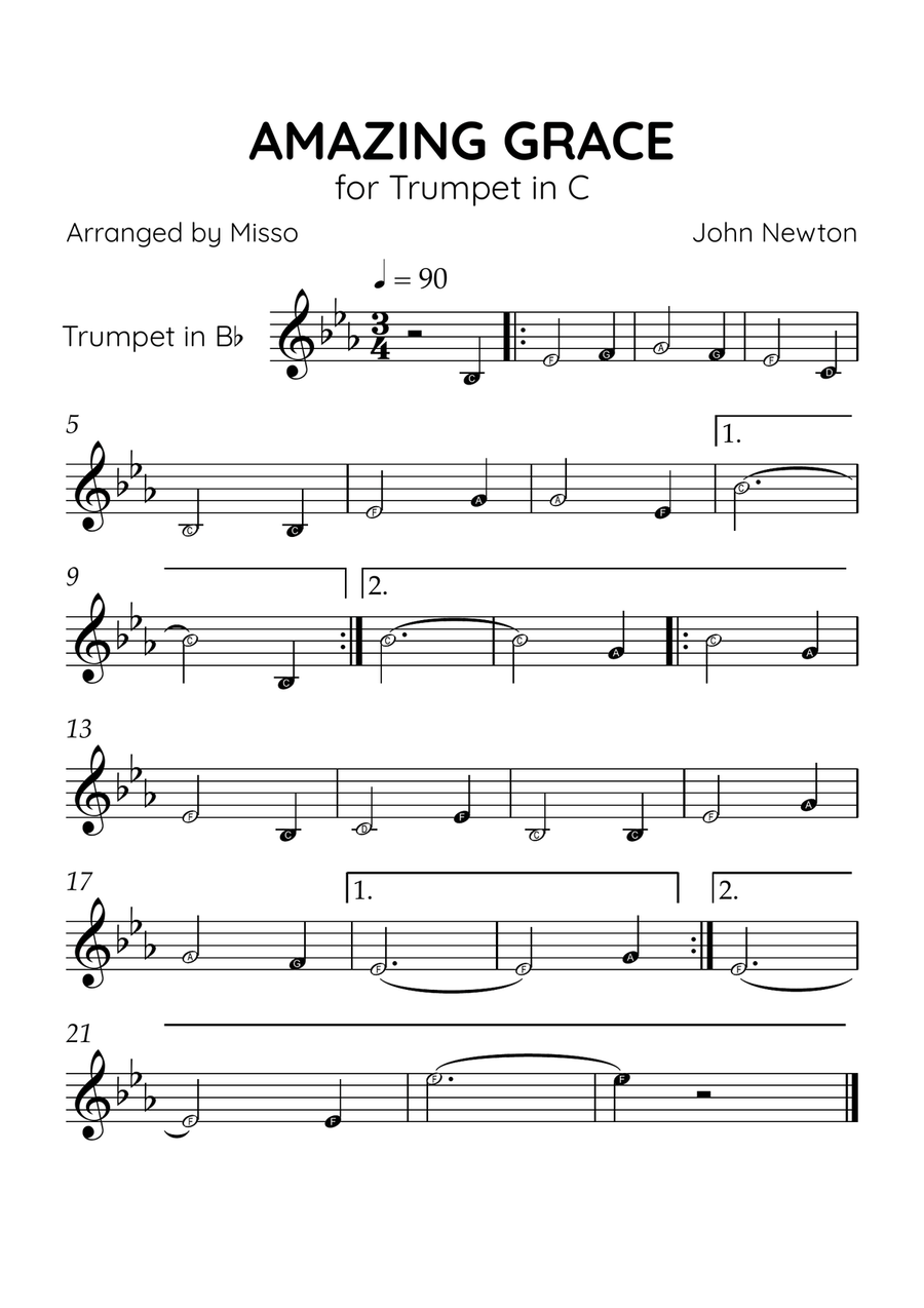 Amazing Grace - Trumpet in Eb Major - Beginner Level Letter Names C Trumpet scores gallery preview page 1