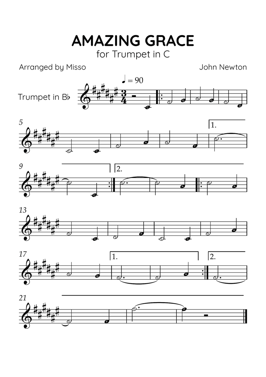 Amazing Grace - Trumpet in F# Major - Beginner Level Letter Names C Trumpet scores gallery preview page 1