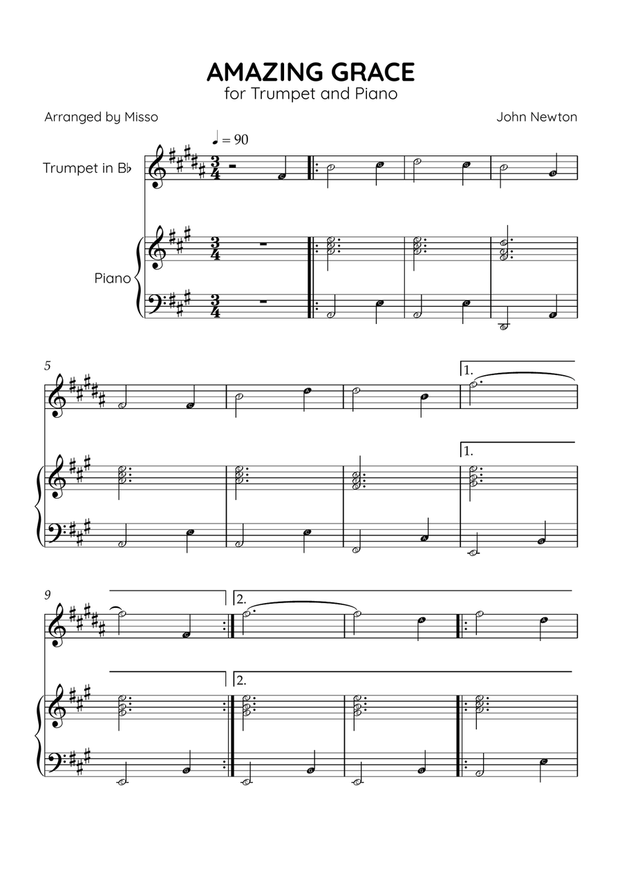 Amazing Grace - Trumpet Bb and Piano in A Major - Beginner Level Letter Names B-Flat Trumpet scores gallery preview page 1