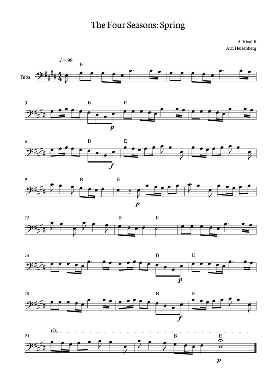 Spring - Four Seasons Vivaldi - Tuba with chords (original Key) Tuba scores gallery preview page 1