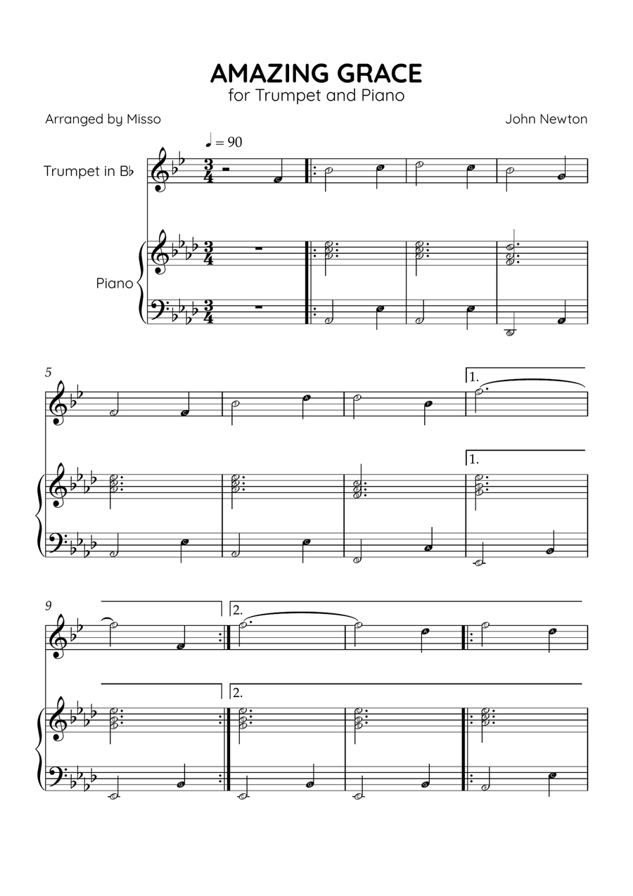 Amazing Grace - Trumpet Bb and Piano in Ab Major - Beginner Level Letter Names B-Flat Trumpet scores gallery preview page 1