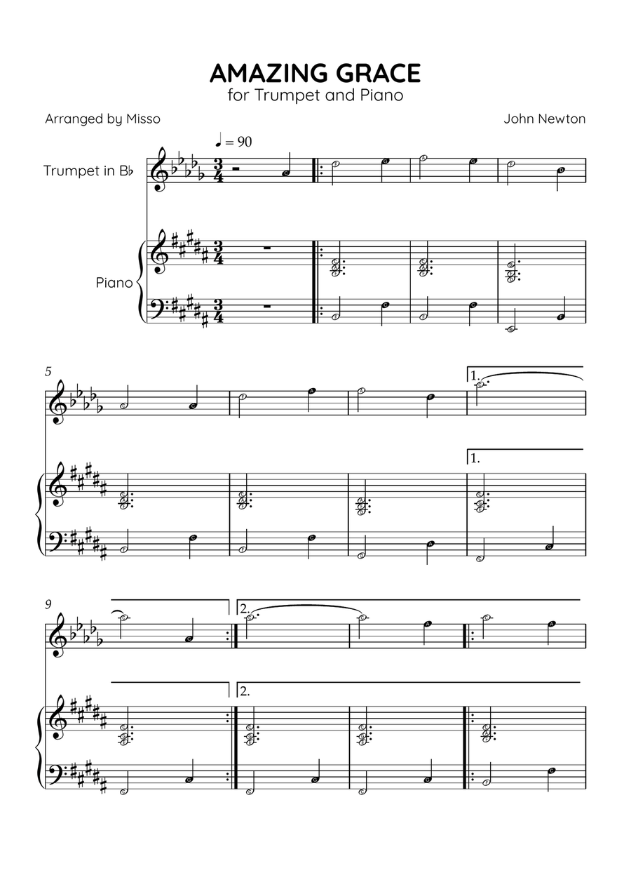 Amazing Grace - Trumpet Bb and Piano in B Major - Beginner Level Letter Names B-Flat Trumpet scores gallery preview page 1