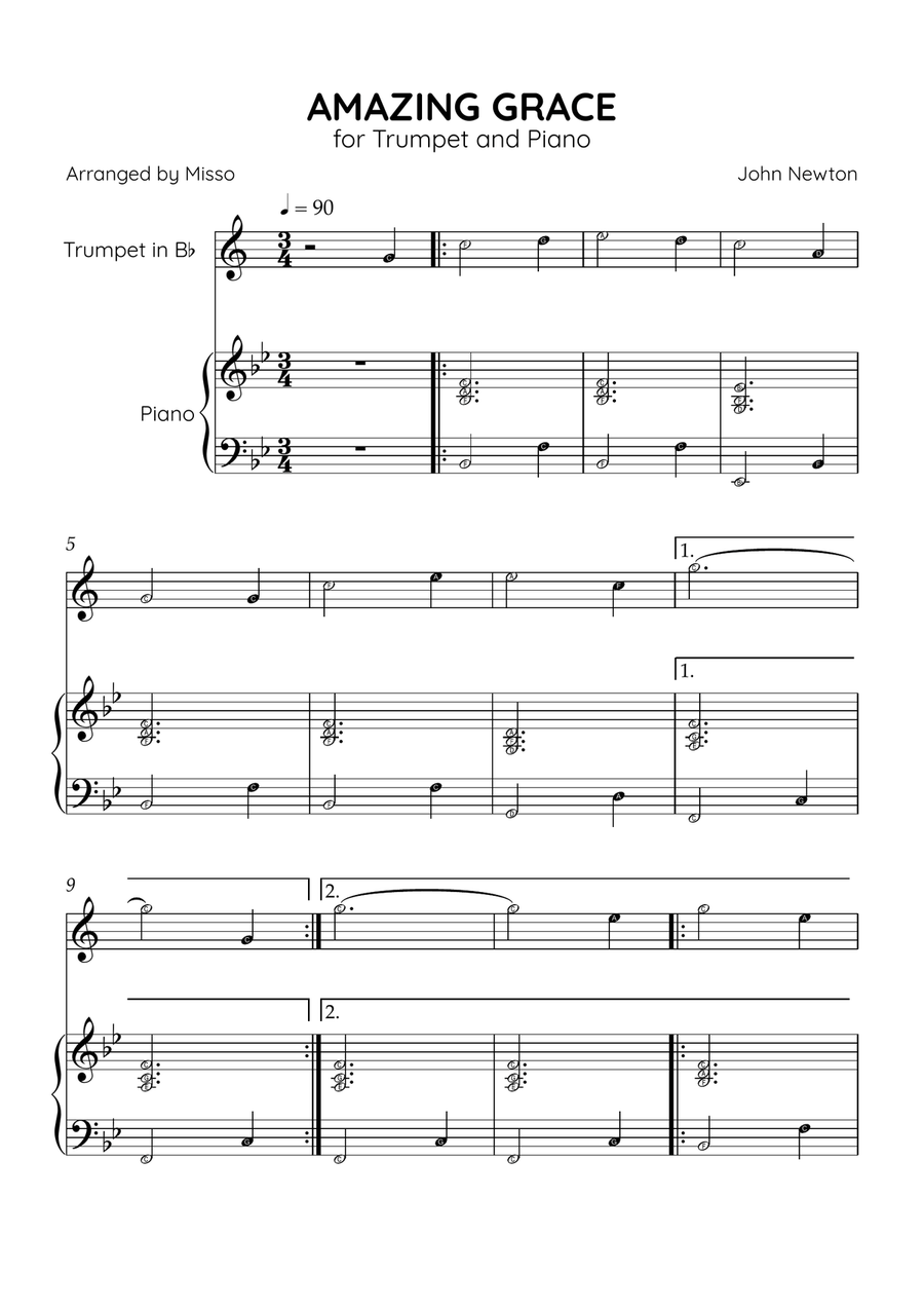 Amazing Grace - Trumpet Bb and Piano in Bb Major - Beginner Level Letter Names B-Flat Trumpet scores gallery preview page 1