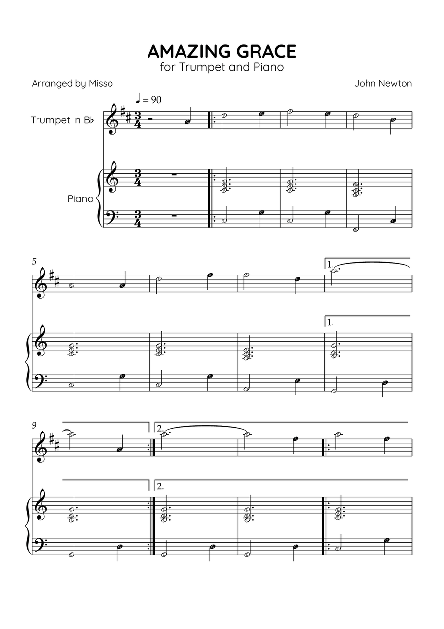 Amazing Grace - Trumpet Bb and Piano in C Major - Beginner Level Letter Names B-Flat Trumpet scores gallery preview page 1