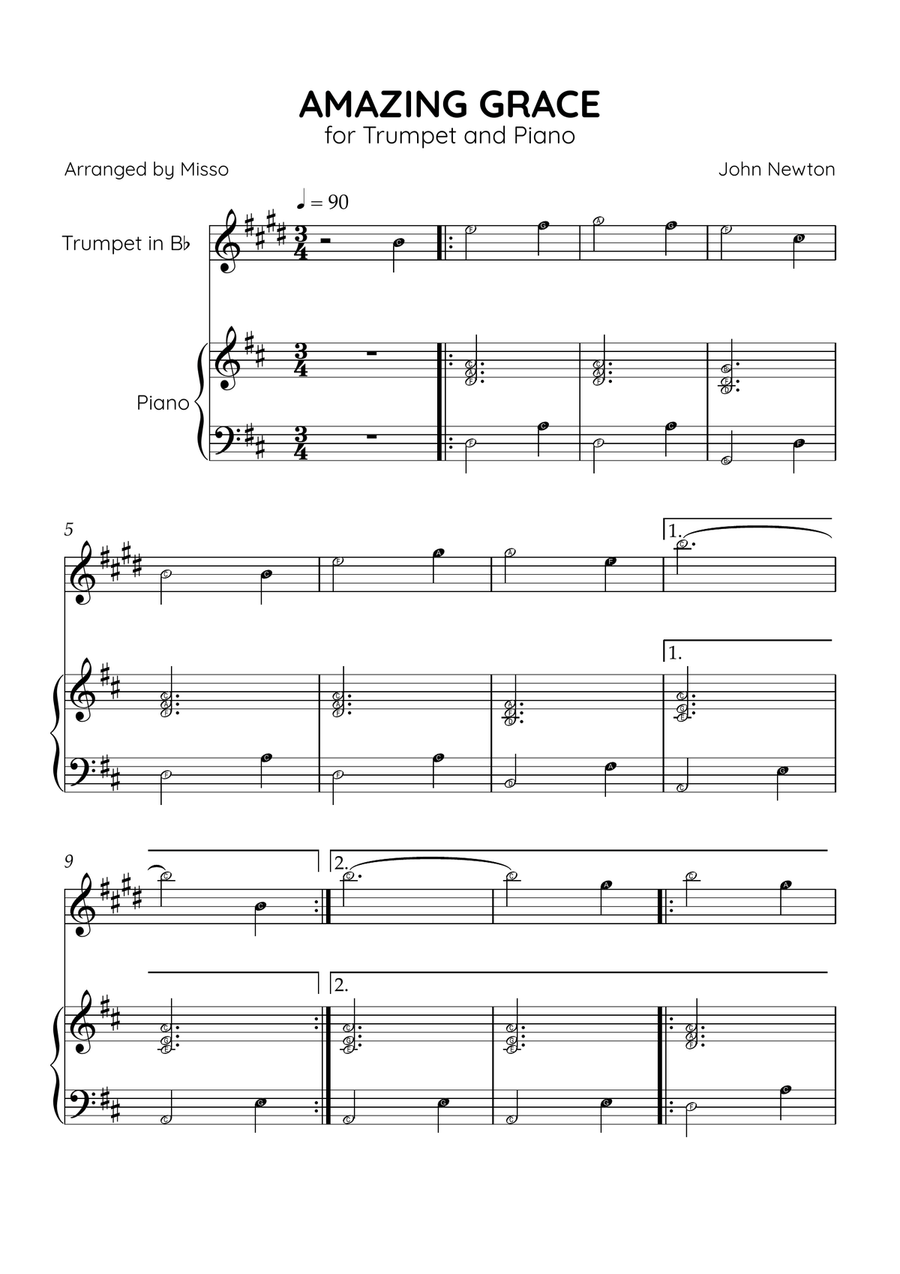 Amazing Grace - Trumpet Bb and Piano in D Major - Beginner Level Letter Names B-Flat Trumpet scores gallery preview page 1