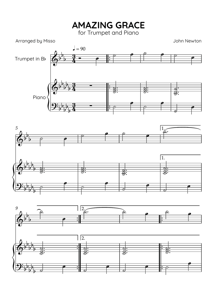 Amazing Grace - Trumpet Bb and Piano in Db Major - Beginner Level Letter Names B-Flat Trumpet scores gallery preview page 1