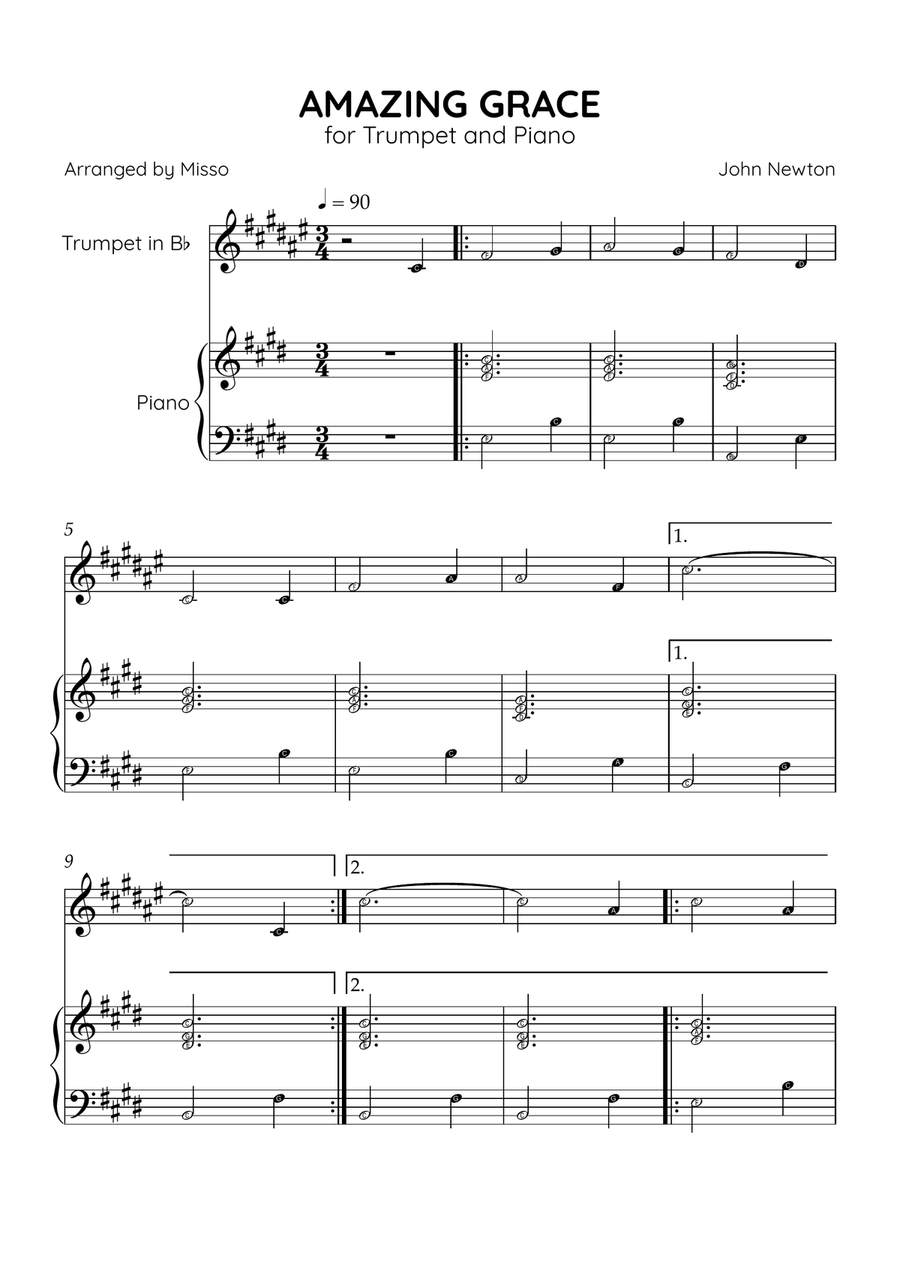 Amazing Grace - Trumpet Bb and Piano in E Major - Beginner Level Letter Names B-Flat Trumpet scores gallery preview page 1