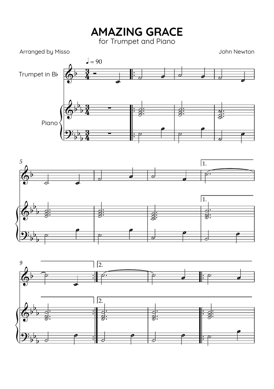 Amazing Grace - Trumpet Bb and Piano in Eb Major - Beginner Level Letter Names B-Flat Trumpet scores gallery preview page 1