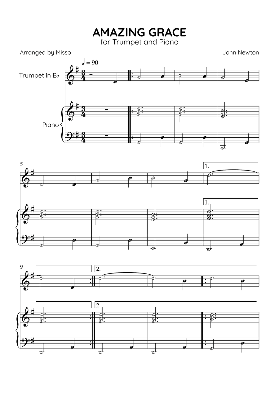 Amazing Grace - Trumpet Bb and Piano in G Major - Beginner Level Letter Names B-Flat Trumpet scores gallery preview page 1
