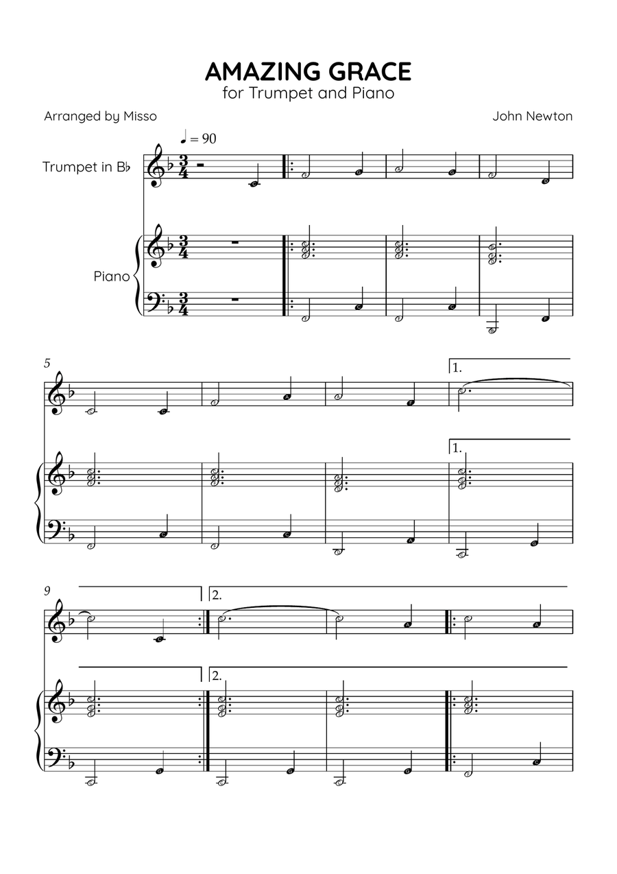 Amazing Grace - Trumpet Bb and Piano in F Major - Beginner Level Letter Names B-Flat Trumpet scores gallery preview page 1