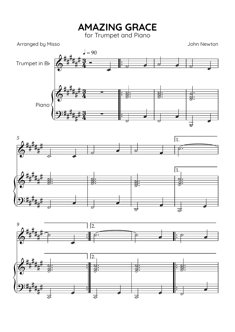 Amazing Grace - Trumpet Bb and Piano in F# Major - Beginner Level Letter Names B-Flat Trumpet scores gallery preview page 1