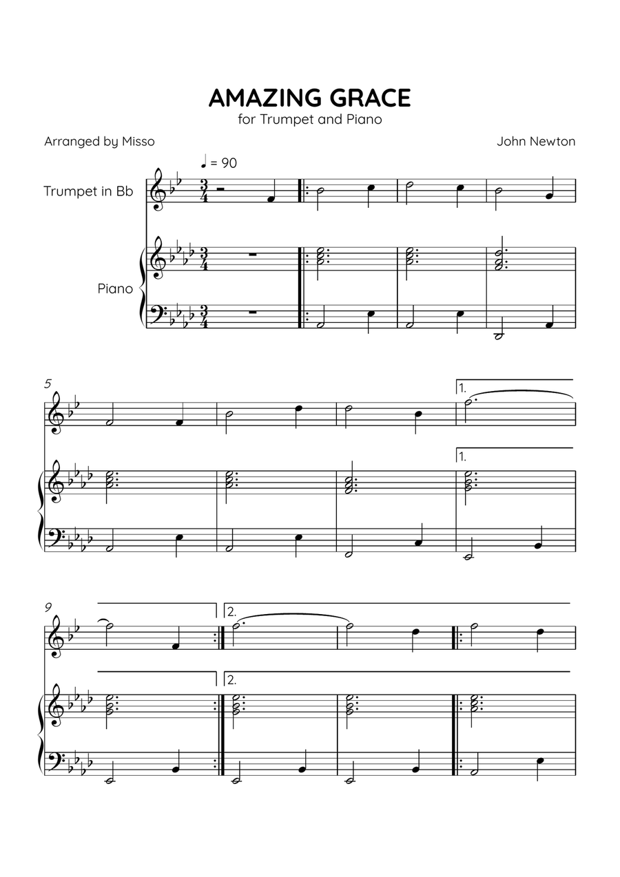 Amazing Grace - Trumpet Bb and Piano in Ab Major - Beginner Level B-Flat Trumpet scores gallery preview page 1