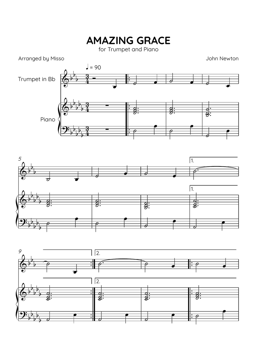 Amazing Grace - Trumpet Bb and Piano in Db Major - Beginner Level B-Flat Trumpet scores gallery preview page 1