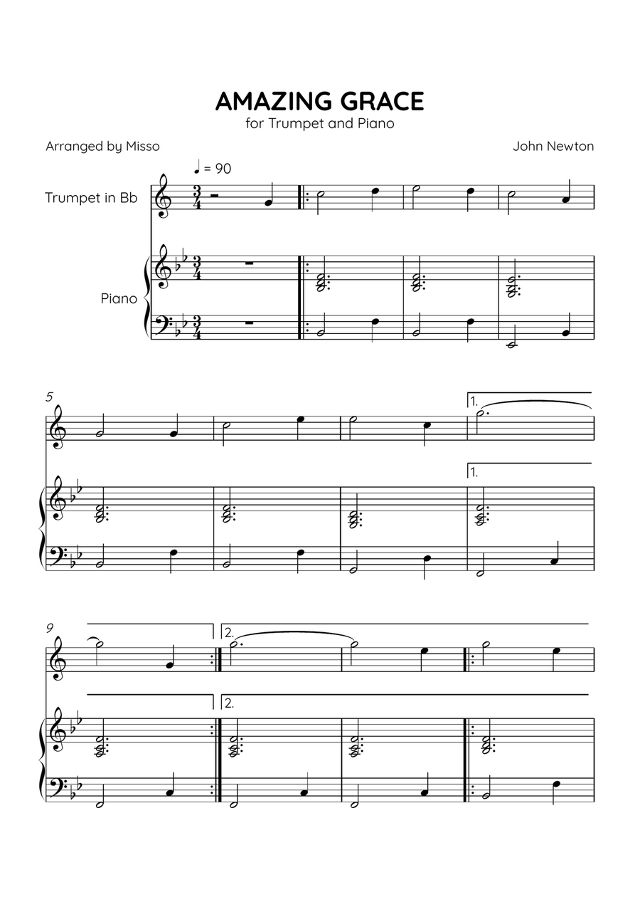 Amazing Grace - Trumpet Bb and Piano in Bb Major - Beginner Level B-Flat Trumpet scores gallery preview page 1