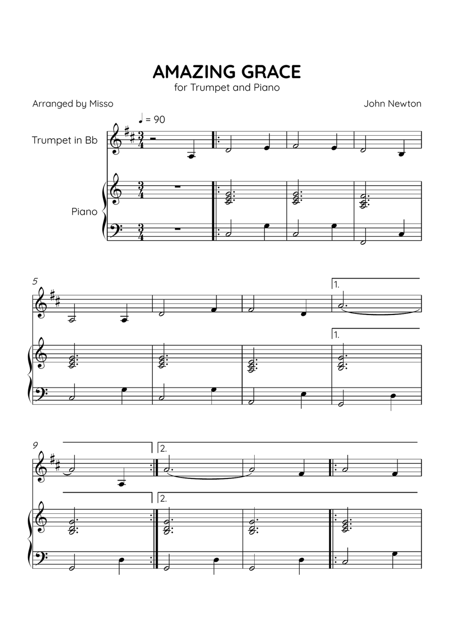 Amazing Grace - Trumpet Bb and Piano in C Major - Beginner Level B-Flat Trumpet scores gallery preview page 1