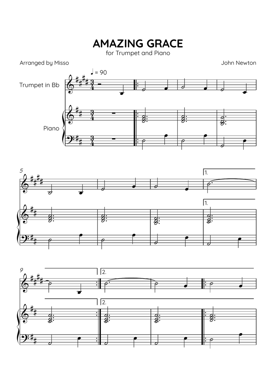 Amazing Grace - Trumpet Bb and Piano in D Major - Beginner Level B-Flat Trumpet scores gallery preview page 1
