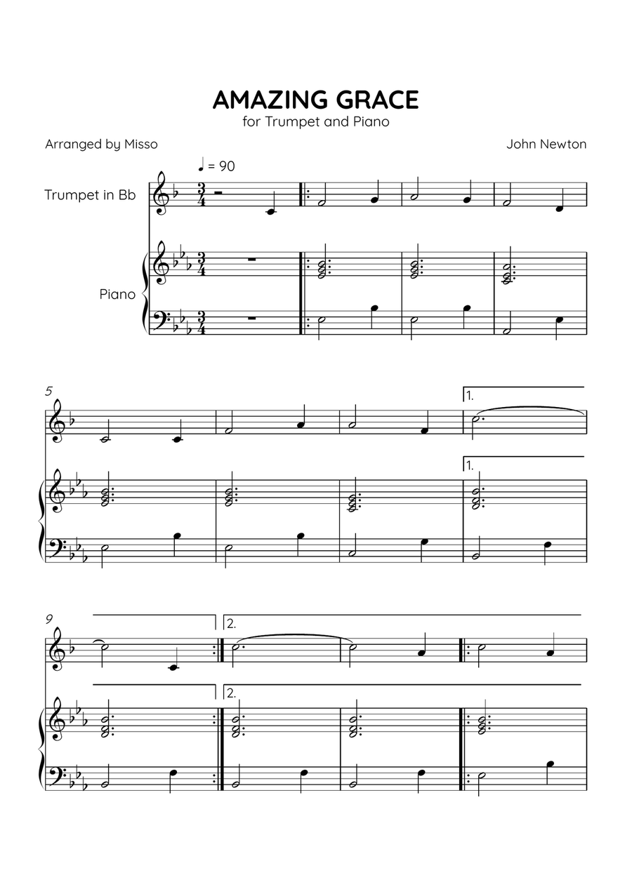 Amazing Grace - Trumpet Bb and Piano in Eb Major - Beginner Level B-Flat Trumpet scores gallery preview page 1