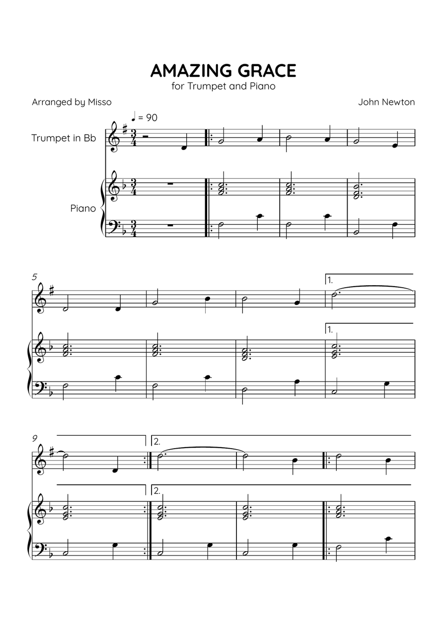 Amazing Grace - Trumpet Bb and Piano in F Major - Beginner Level B-Flat Trumpet scores gallery preview page 1