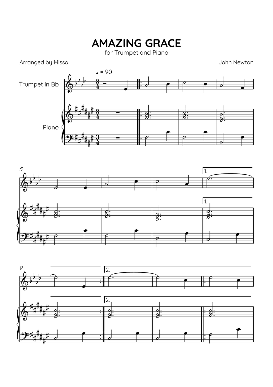 Amazing Grace - Trumpet Bb and Piano in F# Major - Beginner Level B-Flat Trumpet scores gallery preview page 1