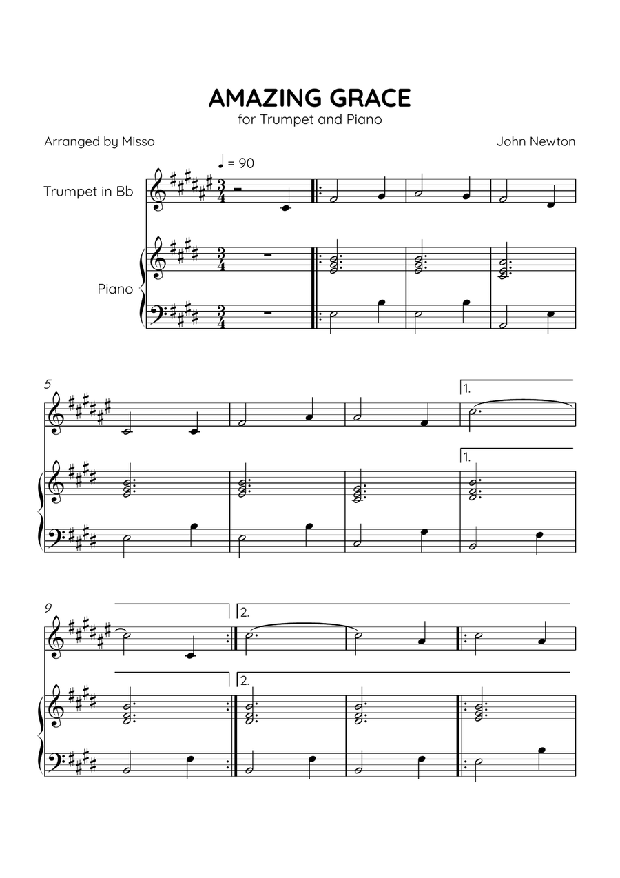 Amazing Grace - Trumpet Bb and Piano in E Major - Beginner Level B-Flat Trumpet scores gallery preview page 1