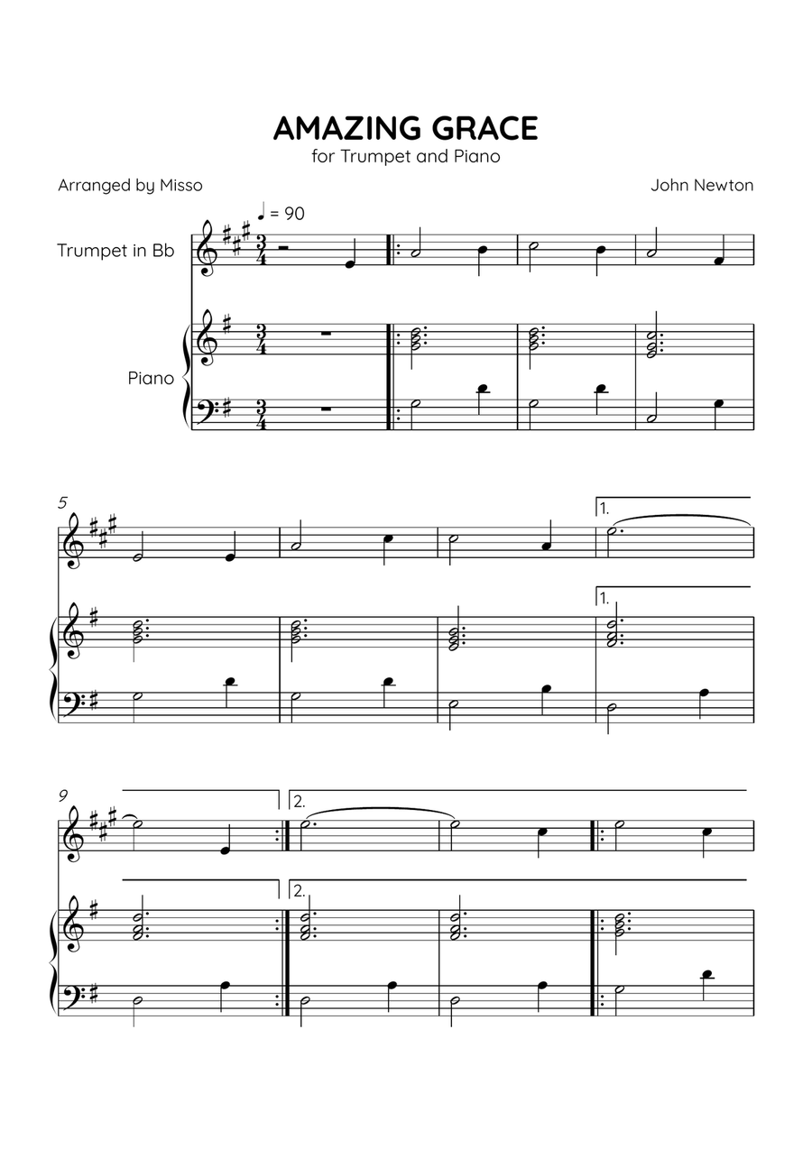 Amazing Grace - Trumpet Bb and Piano in G Major - Beginner Level B-Flat Trumpet scores gallery preview page 1