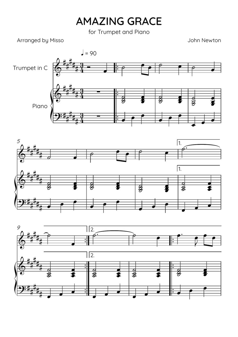 Amazing Grace - Trumpet Bb and Piano in B Major - Easy Level B-Flat Trumpet scores gallery preview page 1