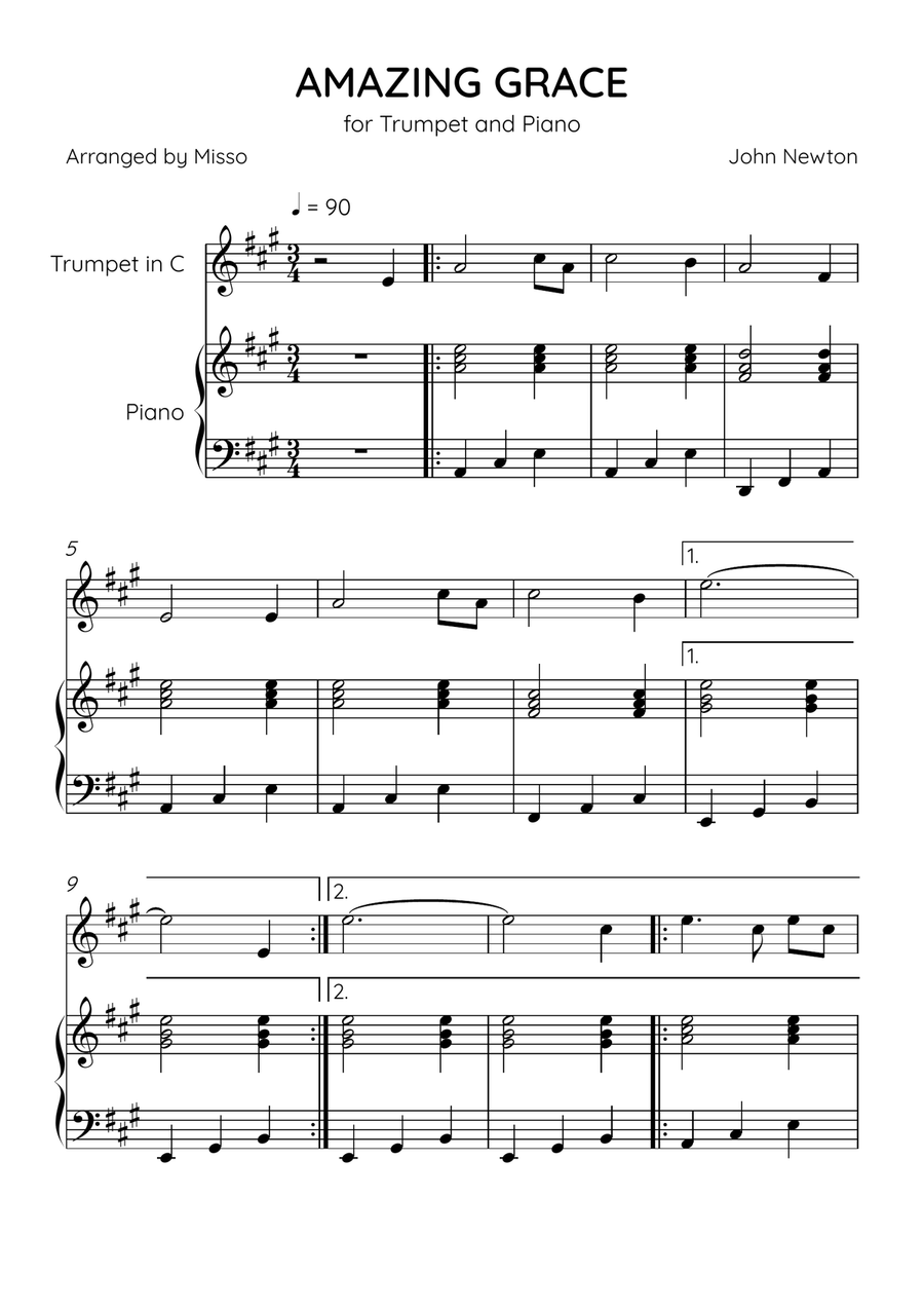 Amazing Grace - Trumpet Bb and Piano in A Major - Easy Level B-Flat Trumpet scores gallery preview page 1