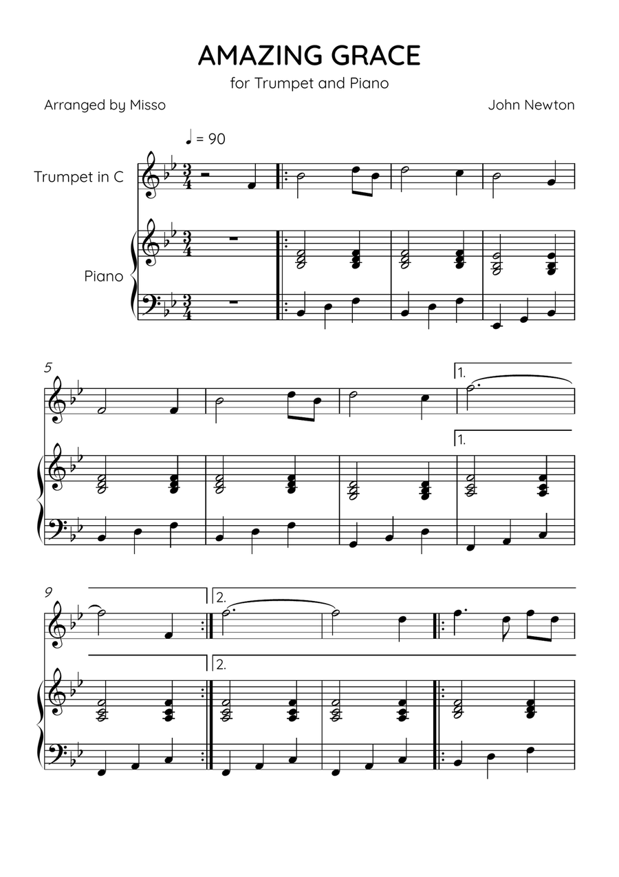 Amazing Grace - Trumpet Bb and Piano in Bb Major - Easy Level B-Flat Trumpet scores gallery preview page 1