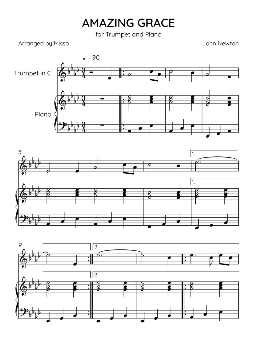Amazing Grace - Trumpet Bb and Piano in Ab Major - Easy Level B-Flat Trumpet scores gallery preview page 1