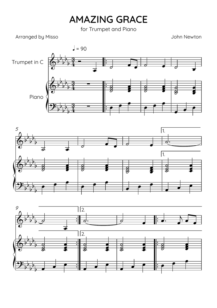 Amazing Grace - Trumpet Bb and Piano in Db Major - Easy Level B-Flat Trumpet scores gallery preview page 1