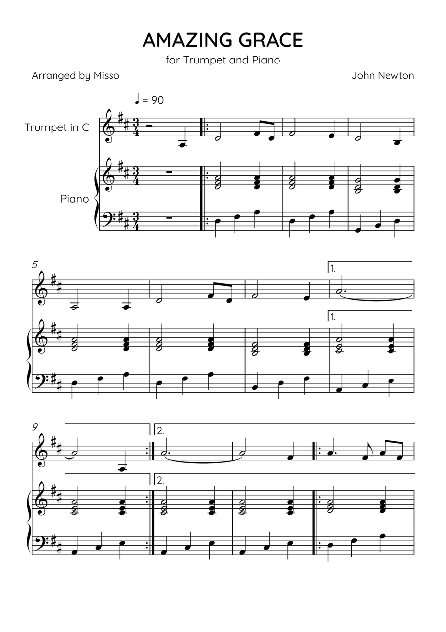 Amazing Grace - Trumpet Bb and Piano in D Major - Easy Level B-Flat Trumpet scores gallery preview page 1