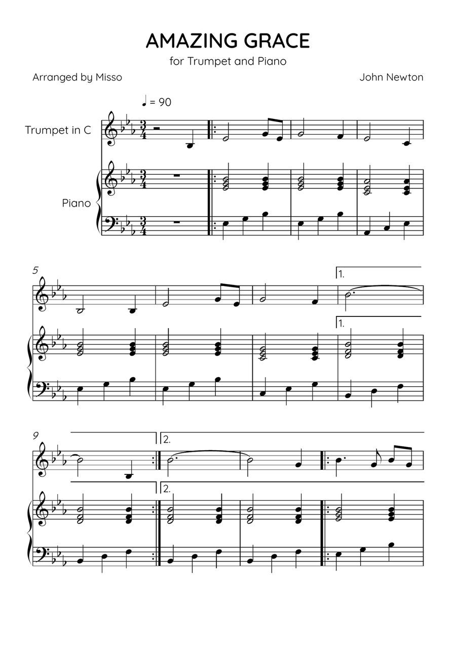 Amazing Grace - Trumpet Bb and Piano in Eb Major - Easy Level B-Flat Trumpet scores gallery preview page 1