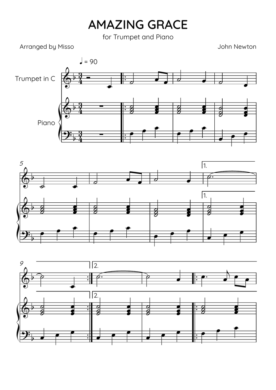 Amazing Grace - Trumpet Bb and Piano in F Major - Easy Level B-Flat Trumpet scores gallery preview page 1