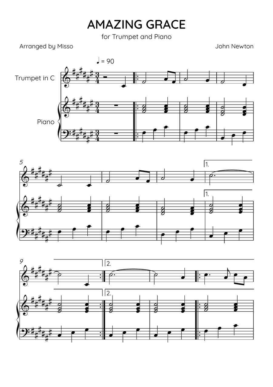 Amazing Grace - Trumpet Bb and Piano in F# Major - Easy Level B-Flat Trumpet scores gallery preview page 1