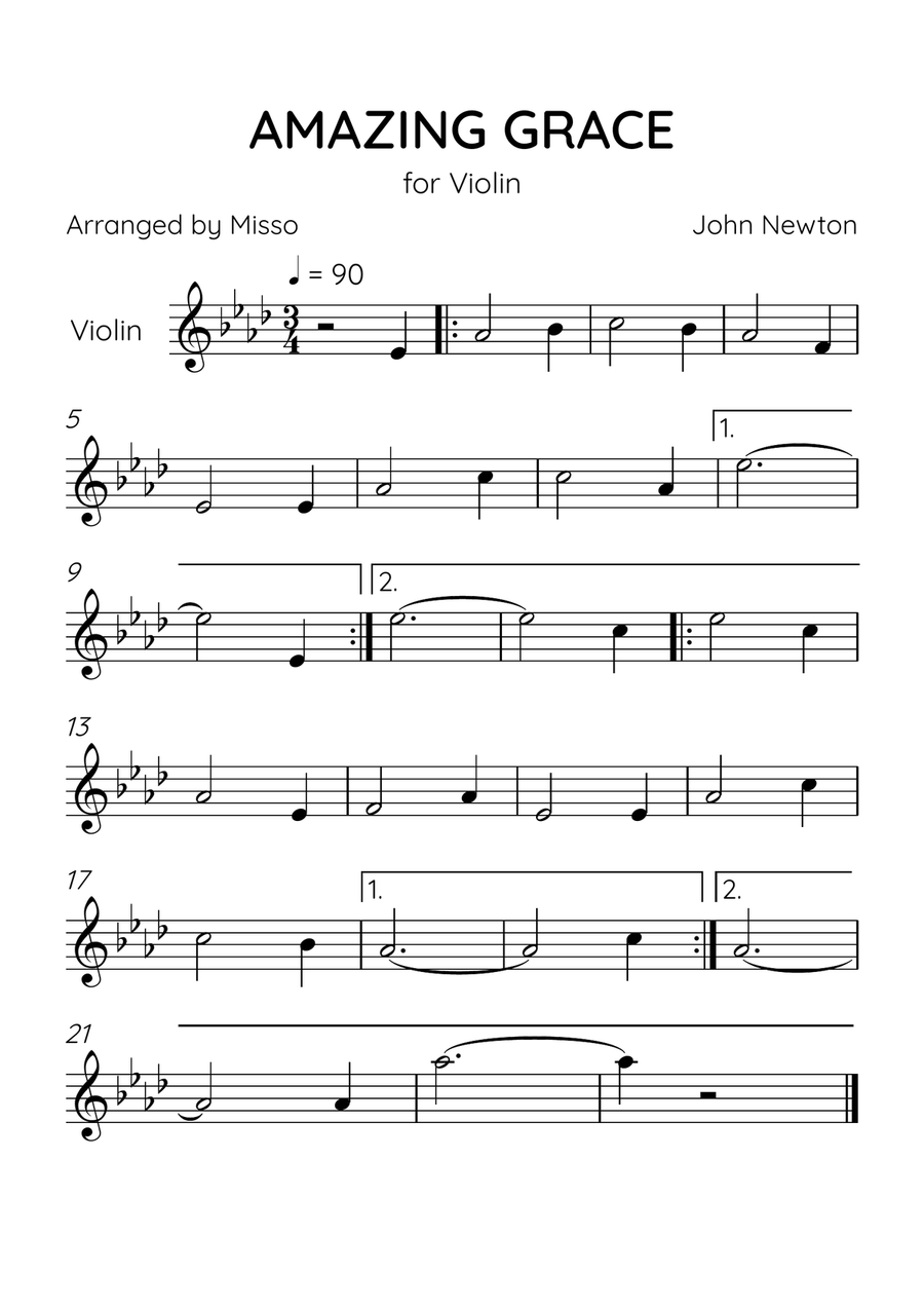 Amazing Grace - Violin Solo in Ab Major - Beginner Level Violin Solo scores gallery preview page 1
