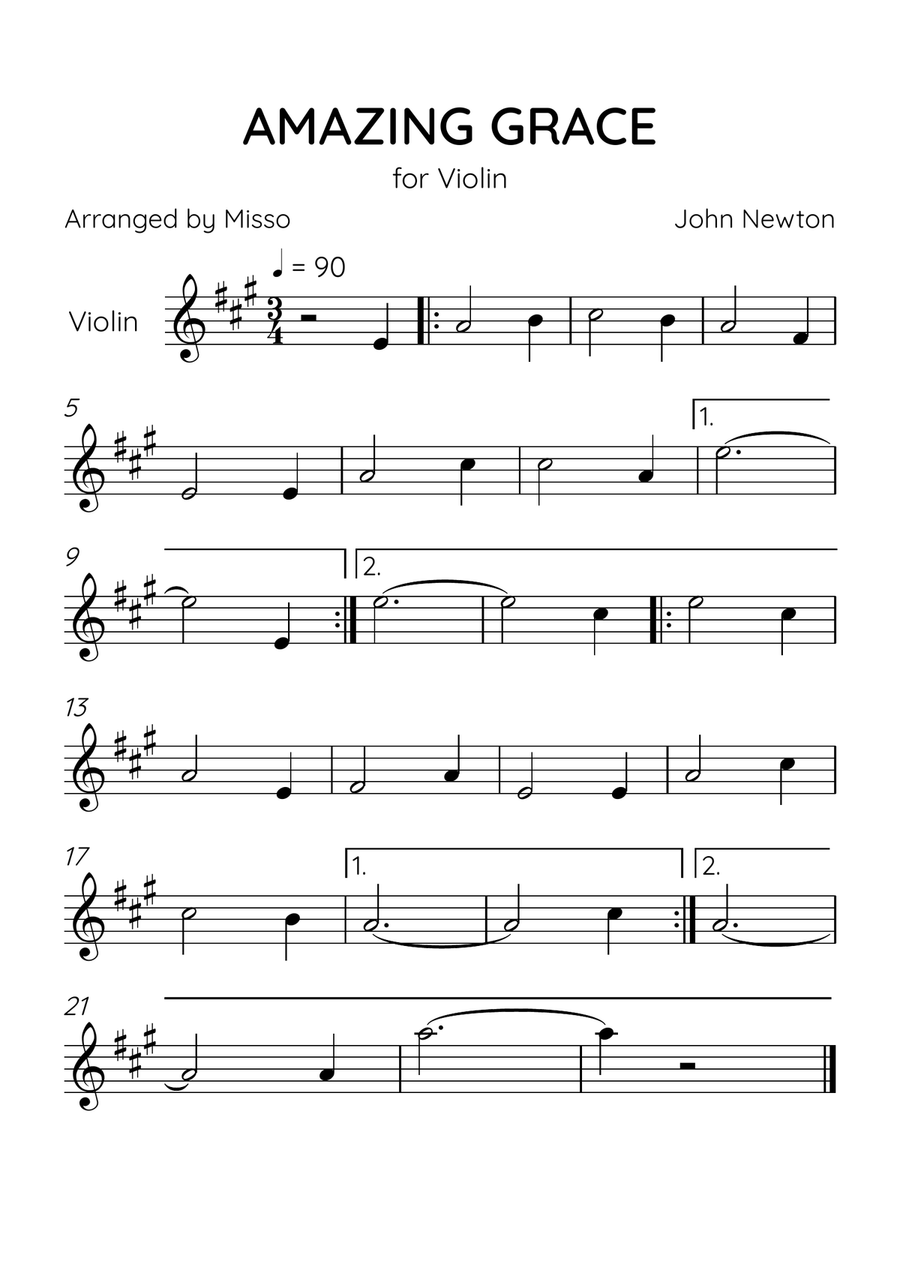 Amazing Grace - Violin Solo in A Major - Beginner Level Violin Solo scores gallery preview page 1