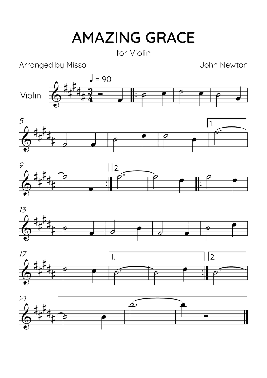 Amazing Grace - Violin Solo in B Major - Beginner Level Violin Solo scores gallery preview page 1