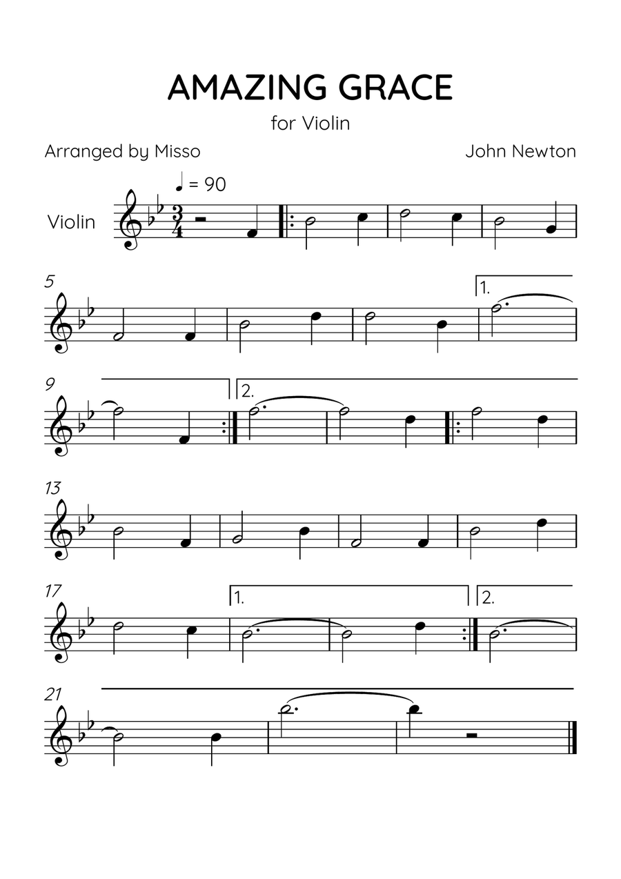 Amazing Grace - Violin Solo in Bb Major - Beginner Level Violin Solo scores gallery preview page 1