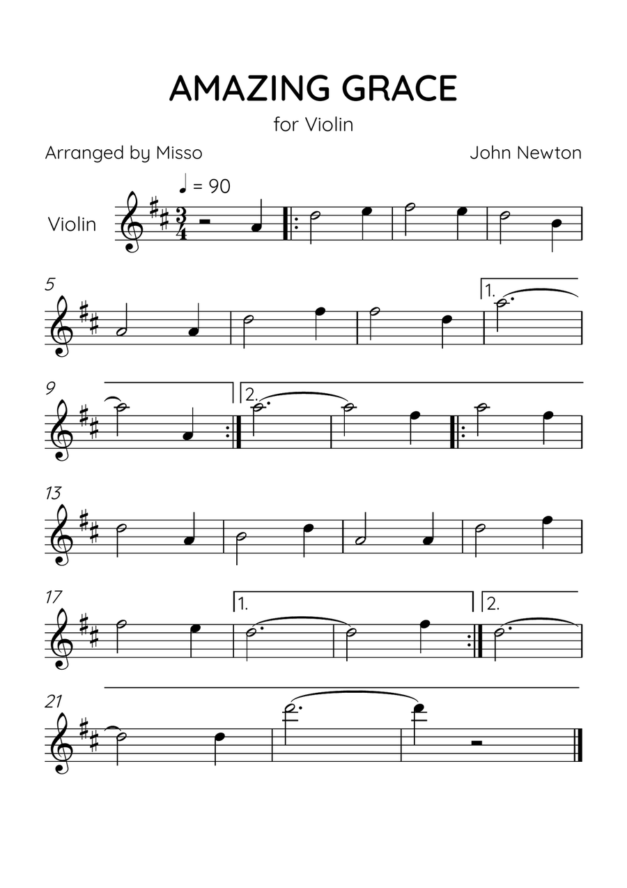 Amazing Grace - Violin Solo in D Major - Beginner Level Violin Solo scores gallery preview page 1